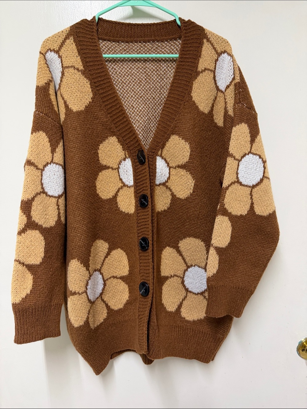 Brown Floral Knit Cardigan Sweater - Cozy V-Neck Button Front